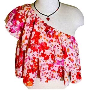 Floral Print One Shoulder Ruffle Trim Crop Top